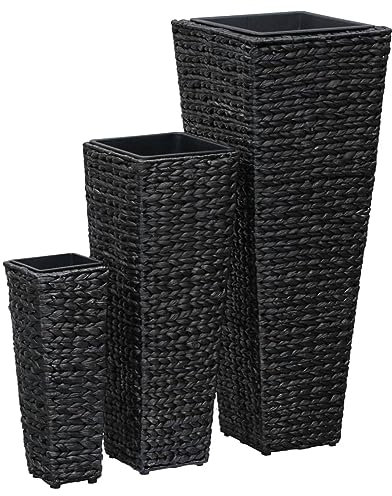 Homgoday 3-teiliges Hochbeet aus geflochtener Hyazinthe, schwarz, Hochbeete, Pflanzgefäße für den Außenbereich