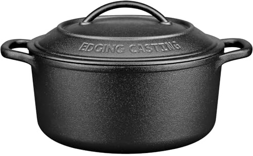 EDGING CASTING Olla holandesa de hierro fundido presazonado con tapa de doble asa, ollas redondas para hornear pan de masa madre, 5 cuartos de galón, color negro