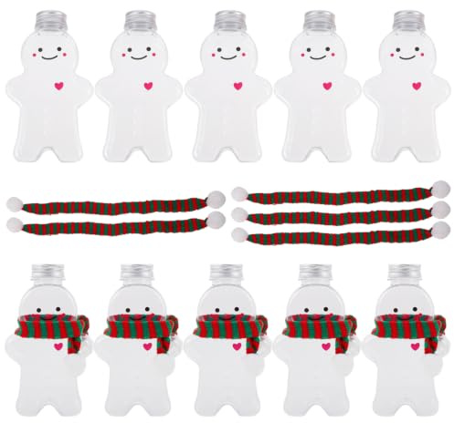 Cabilock 10PCS Sätze Weihnachten Wiederverwendbar Stücke Saftflaschen zum Befüllen Smoothie Weihnachten Lebkuchenmann Flaschen mit Schal Leere Milchflaschen(500ML)