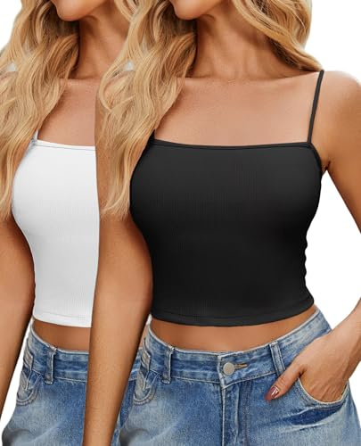 Ekouaer Pack de 2 Camisetas Sin Mangas para Mujer Top Corto Sexy de Verano Camisola Básica Tank Top Corto Informal de Espagueti Y2k Negro + Blanco M