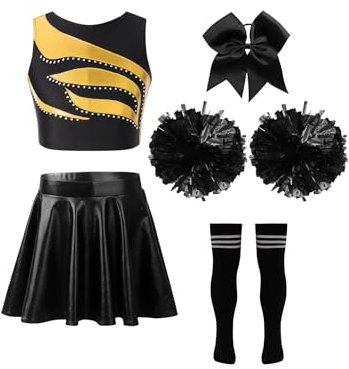 Nyeemya Mädchen Cheerleading Kostüm Cheer Leader Outfit Ärmellos Top und Rock mit Pompons Socken Haarzubehör Halloween Kostüm EIN Gold&Schwarz 122-128