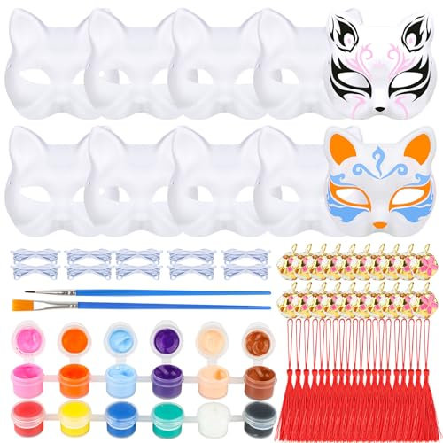 10 Stück Katzenmasken, DIY Katzen Masken zum Bemalen, Katzenmaske mit Quasten, Glöckchen, Farbe und Elastischer Kordel, Tiermasken für Cosplay, Halloween, Feiertagsfeiern