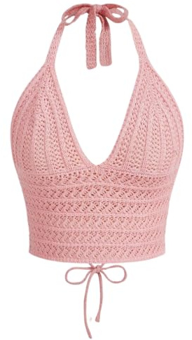 Naileksi Women Lace Up Backless Crochet Crop Halter Top Y2k Slim Fit Sleeveless V Neck Self Tie Back Knit Crop Cami Top Pink