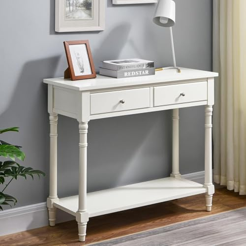 PADMA HOUSE Konsolentisch mit 2 Schubladen, Kleiner Sofatisch mit Ablageflächen, Eingangstisch Flurtisch für Wohnzimmer, Büro 90 * 35 * 76,5 cm (Retro Weiß)