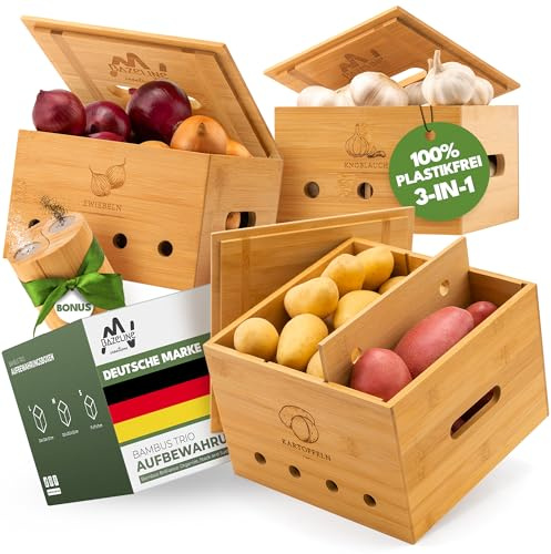 Bazeline Creations® Nachhaltige Bambus Trio Kartoffel Aufbewahrungsbox [3er Set] mit Deckel, Zwiebel & Knoblauch Aufbewahrung, Umweltfreundliche Küche mit Belüftungslöchern (Braun)