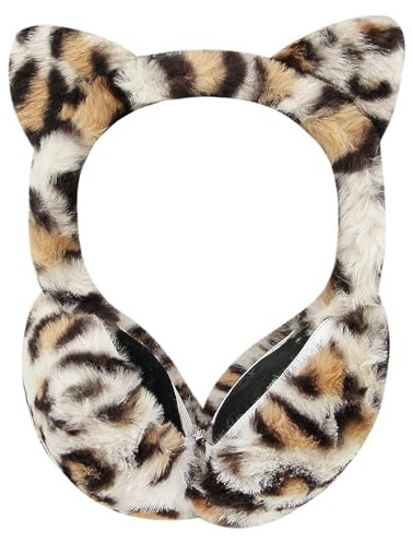 Cute Animal Earmuffs for Girls Women, Leopard Faux Fur Cat Ear Muffs Foldable Winter Warm Plush Ear Covers Ear Warmers Headband Outdoor Windproof Cold Weather Headwear for Ski Cycling Camping Running