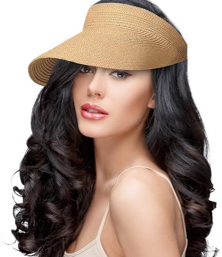 BOYSSPAA Adjustable Women's Sun Hats Foldable and Packable Straw Visor Hat Sun Visors for Women UPF 50+ for Sun Protection During Travel (UK, Alpha, One Size, Brown)