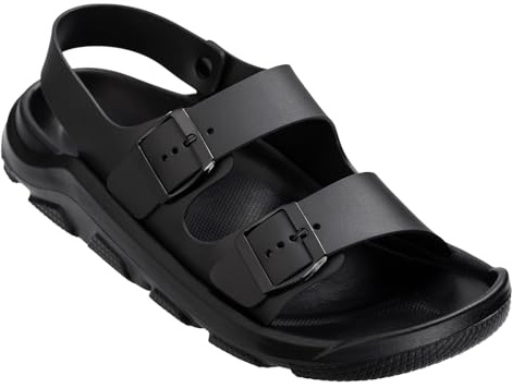 Harssidanzar Sandalias de verano para hombre Doble hebilla ajustable Diapositivas Sandalias planas de playa KM242EU,Negro,Tamaño 44