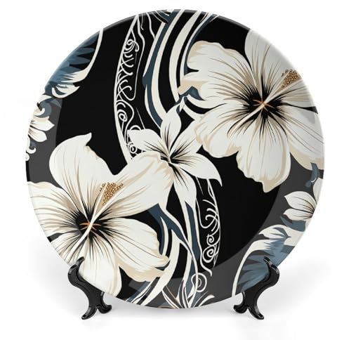 HETVBNS Assiette décorative en porcelaine anglaise avec présentoir - Motif fleurs hawaïennes noires et blanches - Décoration murale - 17,8 cm