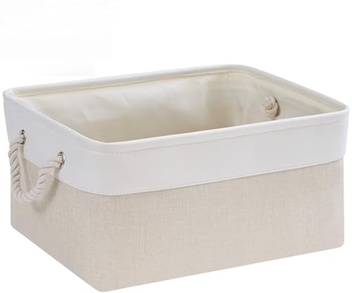 Mangata Aufbewahrungsbox Stoff,Groß Waschbare Aufbewahrungskorb, Korbe in Würfel für Schrank Regal und Kleidung(Hellbeige/Weiß, L, 1 Set)