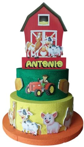 Torta Scenografica Fattoria a 3 Piani, Decorazione per Feste Personalizzata con Nome Antonio, Base in Polistirolo, Design con Animali e Trattore