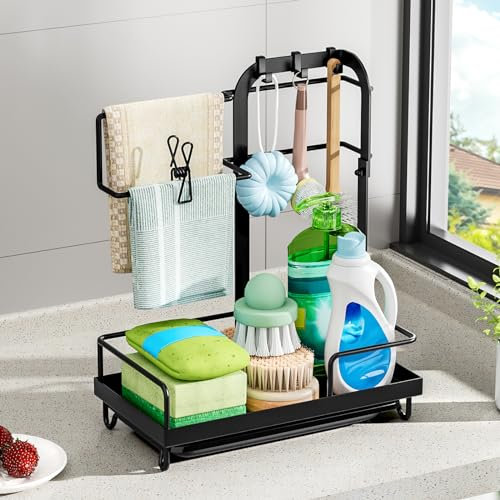 Viitech Spülbecken Organizer, Schwarz Metall Spülorganizer mit Abflusspfanne, Küchen Organizer Spüle für Schwamm, Seife, Bürste, Waschlappe