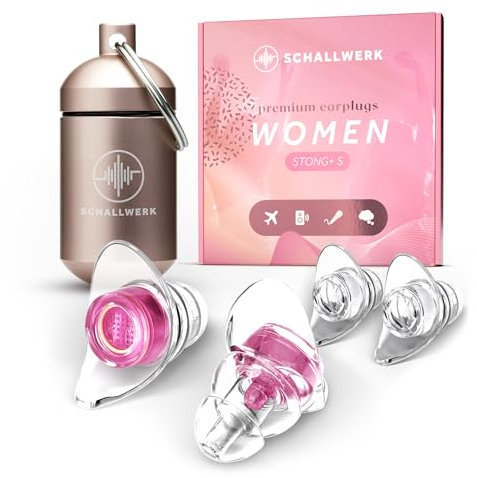 SCHALLWERK ® Women+ Gehörschutz Ohrstöpsel – dämpfen Lärm & erhalten Tonqualität – Gehörschutzstöpsel, Ohrstöpsel Konzert, Ohrenschutz, Earplugs (Pinker Filter 2, Beiges Case 2)