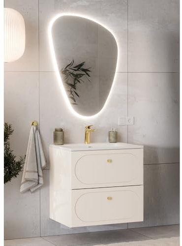 Lomadox Waschplatz-Set 2-teilig mit 60 cm Waschtisch und LED-Spiegel in sandbeige mit goldenen Knopfgriffen, wandhängend