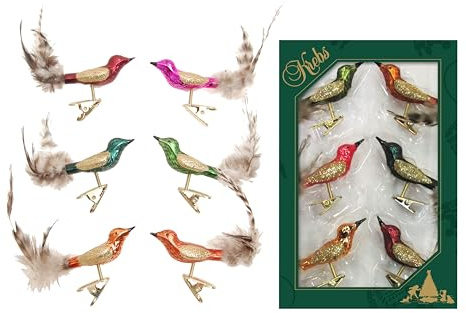 Krebs Glas Lauscha - Weihnachtsdekoration/Christbaumschmuck aus Glas - Minivögel auf Clip - Farben: Grün, Pink, Gold, Gelb, Blau, Rot - 6 Stück - Größe: ca. 9 cm