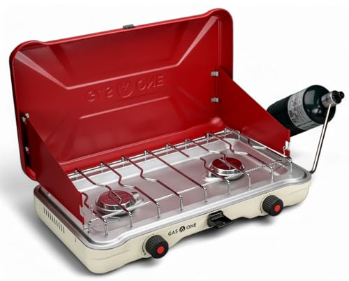 GasOne Portable Camping Stove – Double Propane Stove with Auto Twist Turn Ignition – 22,000 BTU Camping Cooktop with 2 Burners and Wind Guard – Ideal for Tailgating, Fishing, Travel, Red