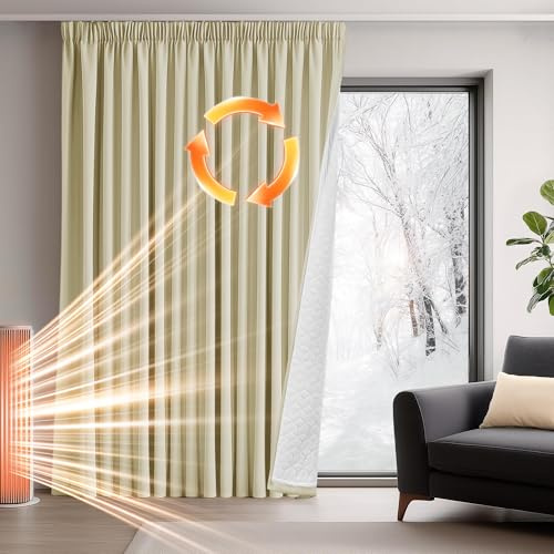 Deconovo Thermovorhang Kälteschutz, Gardinen mit Kräuselband gegen Kälte, Wärmeisolierend Vorhang Verdunkelung Wohnzimmer, 260 x 300(HöhexBreite), Hellbeige, 1 Stück