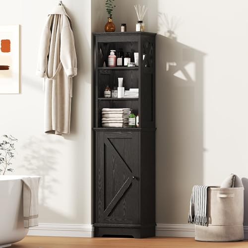 Viroformo Narrow Bathroom Storage Cabinet with Door and Open Adjustable Shelves, 60.9 H Wooden Tall Tower Corner Farmhouse Cabinet, Freestanding Organizer for Kitchen, Entryway Black