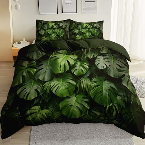 Duvet Cover Double Size Microfiber Printed Bedding Sets, Reversible Soft Easy Care Comforter Cover Girl Women Plant Monstera Bedding Set with Zipper Closure 4 Ties, Dark Green