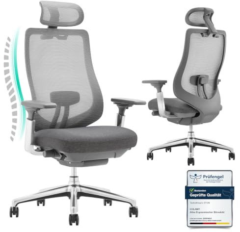 COLAMY XK Atlas Ergonomischer Bürostuhl, Netz-Chefsessel mit verstellbarem Kopfstütze, Computer Schreibtischstuhl Drehstuhl mit 4D-Armlehnen, Aluminium Basis/Schiebesitz/Neigungssperre, Dunkelgrau
