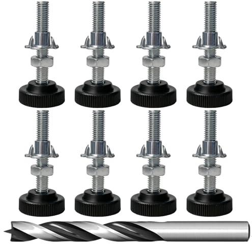 8 Stück Möbelfüße Verstellbar M8 x 50 mm Stellfüße, Regulierschrauben Höhenverstellbar mit Einschlagmuttern, Kontermuttern und Metallbohrer – Nivellierfüße für Möbel, Schrank, Tisch, Werkbank