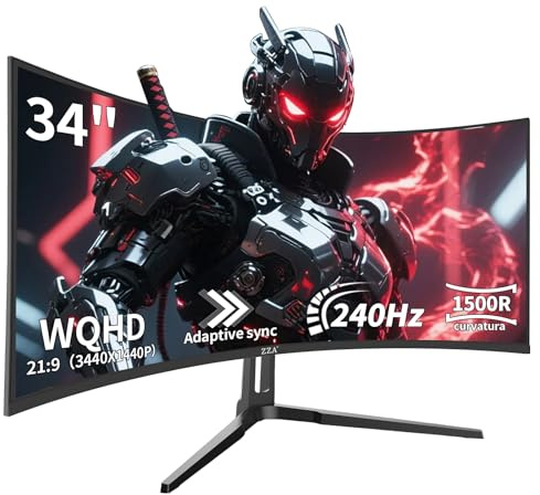 ZZA 34 Inch Curved Monitor, Gaming Monitor 240HZ 1500R 3440 * 1440P, Ultra Wide Computer Monitors with FreeSync,HDR10, 1ms,PC Screen Eye Care, Borderless Design,Support Wallmount 75x75mm