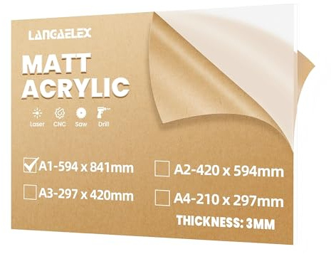 Langaelex Plaque Acrylique Givré Transparent 3mm A1-594 x 841 mm | PMMA Coulé Mat Feuille Plastique sur Mesure pour Gravure Laser, Verrière Intimité et Enseigne