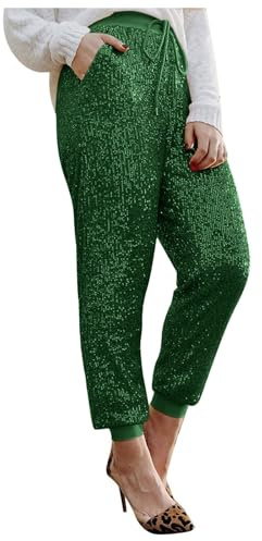 Paillettenhose für Damen Glänzende Metallic Jogger Hose Pailletten Glänzed Damen Party Fashion Glitter Elastische Hosen Disco Tanzhosen Hip Hop Club Streethose Karneval Kostüm Party Disco Clubwear