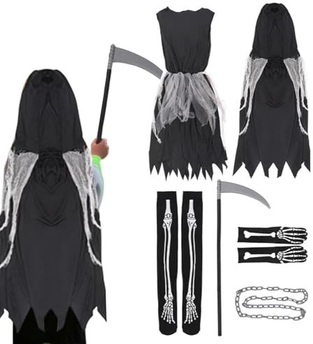 Scary Cosplay Outfit - 110–150cm Halloween Dress, Polyester ABS Costume, Creepy Clothes Set With Cape Gloves Socks Waist Chain Toy Sickle | Party Masquerade, For And Girls And Boys Festival W