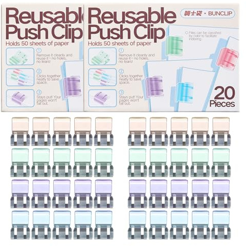 BUNCLIP Push Paper Clips & Binder Clips, 40 Pack Medium Reusable Heavy Duty Clamps, No Damage No Marks, 50 Sheet Capacity for Office, School, Home Organization (40 Pieces)