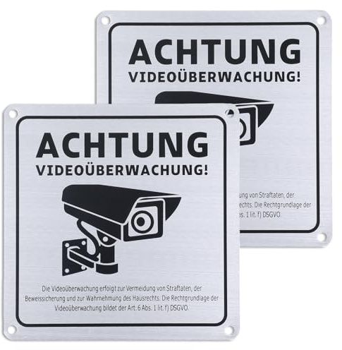 TIESOME Lot de 2 panneaux de vidéosurveillance, en aluminium, 15 x 15 cm, avec avertissement DSGVO, autocollants et 4 trous de perçage, pour propriété privée, avec avertissement DSGVO