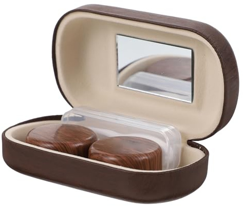 Ciieeo Leak-Proof Contact Lens Case with Good Sealing Performance, Brown Plastic and Leather Lining, Lightweight Design with Clip and Small Mirror for Travel and Daily Lens Storage