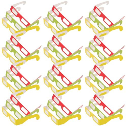 COMPUKAS 36pcs 3d Paper Glasses and Party Decoration, Special Effect Rainbow Color Eyewear Set with Red Green Yellow for Concerts, Festivals, Light Shows and Raves