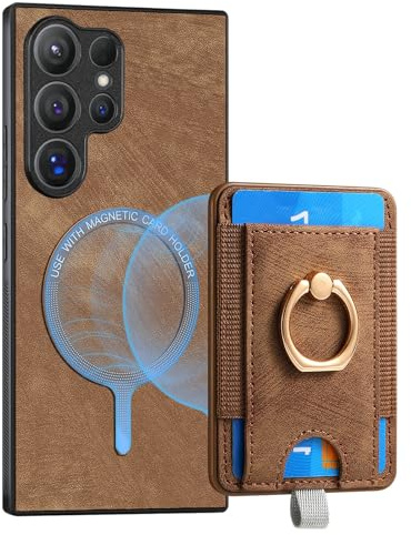 Custodia In Pelle For Samsung Galaxy S26/S26 Plus/S26 Ultra, Custodia Di Ricarica Wireless Magnetica, Slot For Carte Con Supporto Ad Anello Cover Opaca Rimovibile(Brass,S26)