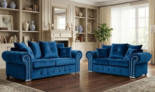 Olympia Settees - 3pc Ashwinn Chesterfield 5 Seater 2c2 Corner Sofa - Soft Blue Plush Velvet 3+2 Seated Fabric Sofas Suite - Comfy 3&2 Settee Dual Arm Scatter Back Couch for Indoors (Blue, 3+2 Seater)