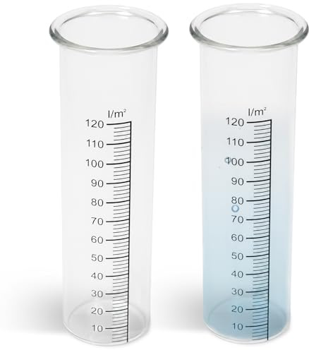 Keltorio 2 Stück Regenmesser Ersatzglas mit Skala in l/m² – Austauschglas für Niederschlagsmesser, Wetterstationen & Garten – Messzylinder aus Glas mit klarer Skala für Bewässerung & Experimente