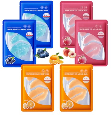 Crystal Collagen Under Eye Patches & Lip Mask Set 6 Pcs for Dark Circles Puffiness Wrinkles Fine Lines — Peach Blueberry Orange — Bridesmaid Gifts for Women