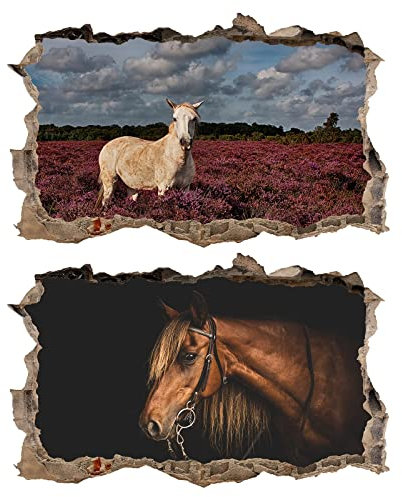 2Pcs Pferd Horse Weiss Wandtattoo 3D Effekt XXL Wanddurchbruch Fenster Wandaufkleber für Junge Mädchen Kinderzimmer V13 1000 mm breit x 600 mm tief (groß)
