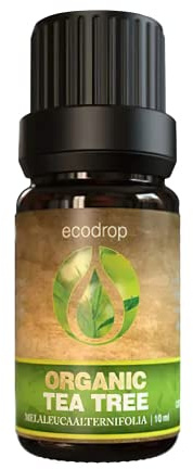 Ecodrop Organic Tea Tree Essential Oil 10ml | Melaleuca Alternifolia | 100% pure, undiluted Tea Tree oil. For aromatherapy, diffusers, massage, bath, soap & candle making. Bottled in the UK
