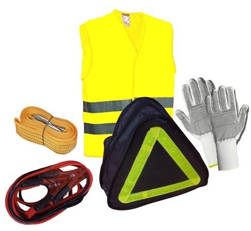 Kit de Premiers Secours pour Voiture avec 1 Paire de Gants, 1 câble de Batterie de 150 A, 1 Corde de remorquage de 3 m, 1 Gilet réfléchissant