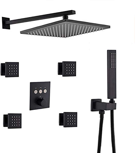 Duschsystem, Duschsystem mit Thermostat quadratisch 30,5 cm, mit 4 Mischdüsen, Matt-schwarz Luxus Duschset