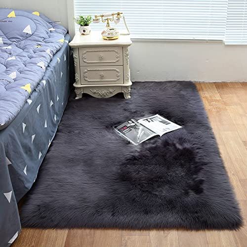ZFHTAO Flauschiger Teppich Schlafzimmer Kunstfell Teppich Flauschig Schlafzimmer Fellteppich Teppiche Gegend Weich Waschbar Carpet Rechteckig - Dunkelgrau 50x80cm