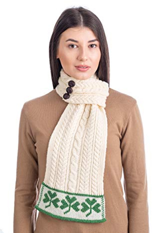 SAOL St. Patrick's Day Damen Loop Aran Wollschal Grün Kleeblatt Schal aus 100% Merinowolle, Natur