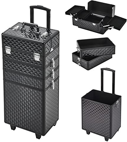 BTGGG 4 in 1 Makeup Trolley Professional Aluminum Rolling Vanity Cosmetic Case Trolley Beautician Artist Travel Jewellery Box Cosmetic Organiser, Gift for Mothering Sunday (Diamond Black)