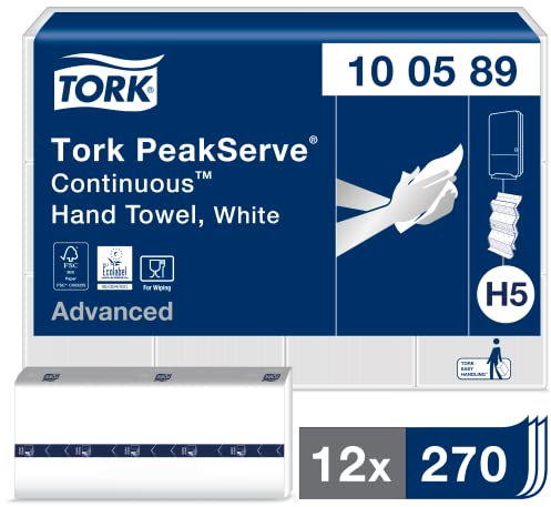 Tork 100589 PeakServe Toallas de mano de papel H5 para dispensador de toallas, 1 capa universal, blanco, 12 x 270 toallas