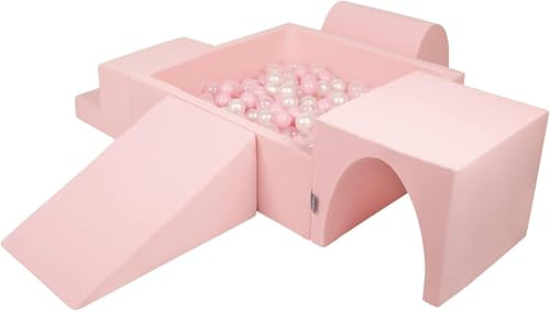 KiddyMoon lekplats i skum med fyrkantig bollbassäng (200 bollar) för barn, rosa, ljusrosa, pärlvit, genomskinlig