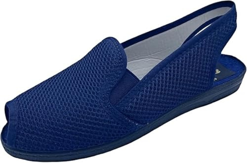 Sevilla - Zapatillas de Casa Mujer Verano - Cómodas y Respirables - Zapatos Rejilla Cuña Punta Cerrada - Suela Caucho - Tallas 35-41 - (Blanco y Marino) - Hecho EN ESPAÑA