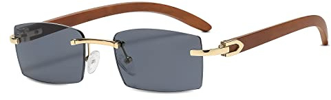 LumiSyne Rechteck Randlose Sonnenbrille Herren Damen Holz Bügeln Farbverlauf Linsen Ultra-Small Frame UV 400 Schutz Blendschutz Retro Quadratische Brille Für Dekoration Fahren Reisen
