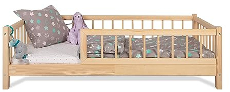 Alije Kinderbett Bett mit Rausfallschutz 90x200cm NINA Lattenrost Bettgestell aus Kiefer Holz für Haus Kinder Jungen & Mädchen - Holzbett Baby Kinderzimmer Junge Deko