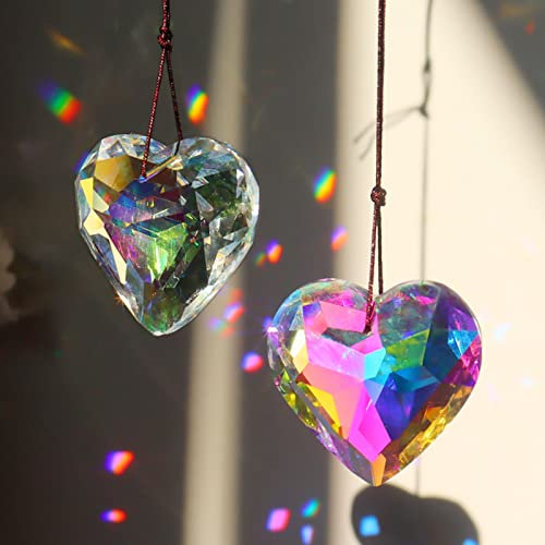 Kristallkugel Prisma Sonnenfänger, 2 Pcs Kristall Sonnenfänger Herz Prismen Anhänger Kristall Prismenkugel Regenbogen, Kristalle Deko Anhänger für Fenster Büro Home Garten Dekoration